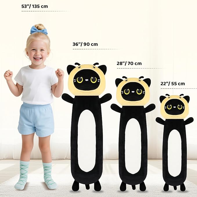 22 inch Black Cat Bee Stuffed Plush Toy, Kitty Stuffed Animals Honeybee Body Pillow, Kawaii Soft Plushie Gfit for Kids Boys Girls, Birthday