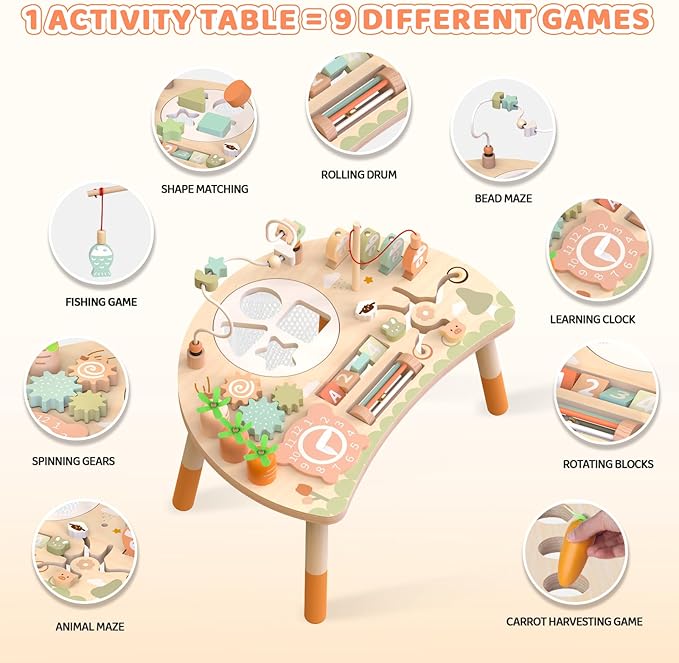 Wooden Activity Table for Toddlers 1-3, 9 in 1 Montessori Sensory Table with Bead Maze Shape Sorter Fishing Game, Baby Activity Center Learning Toys for 1 2 3 Year Old Boys Girls