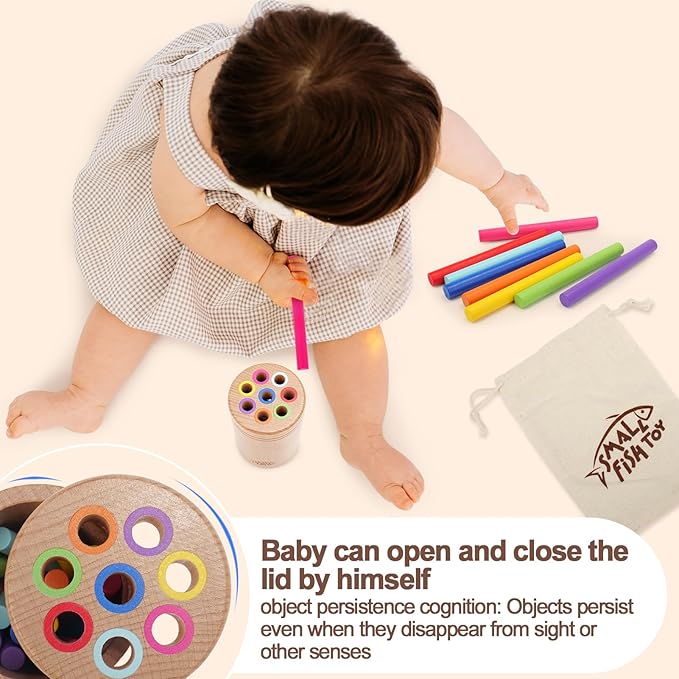 SMALL FISH Montessori Toys for 1-3 Year Old: Wooden Learning Color Sorting Toys for Toddlers Age 1 2 3, Fine Motor Developmental Sensory Travel Toys, Busy Board 18 Month Old Baby Gifts Boys Girls