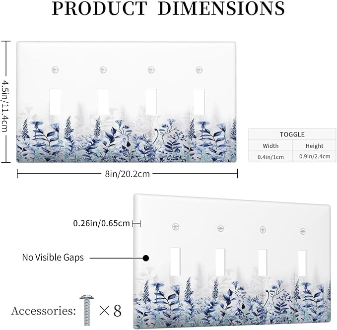 Decorative Light Switch Cover Plate Rustic Blue Plants Wildflowers Boho Leaves 4 Gang Wall Plate Switch Plate Covers Quad Toggle Jumbo Electrical Faceplate for Country Bedroom Decor