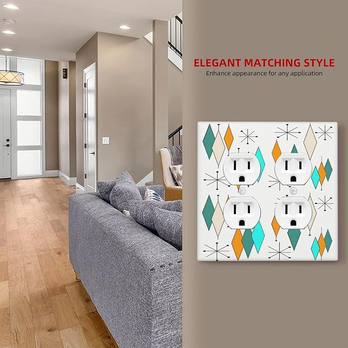 Mid Century Geometric Plaid 2-Gang Device Duplex Wall Plate, Aqua/Blue/Orange Modern Retro Abstract Atomic Art Decorative Two Gang Double Duplex Receptacle Socket Outlet and Light Switch Cover Plate