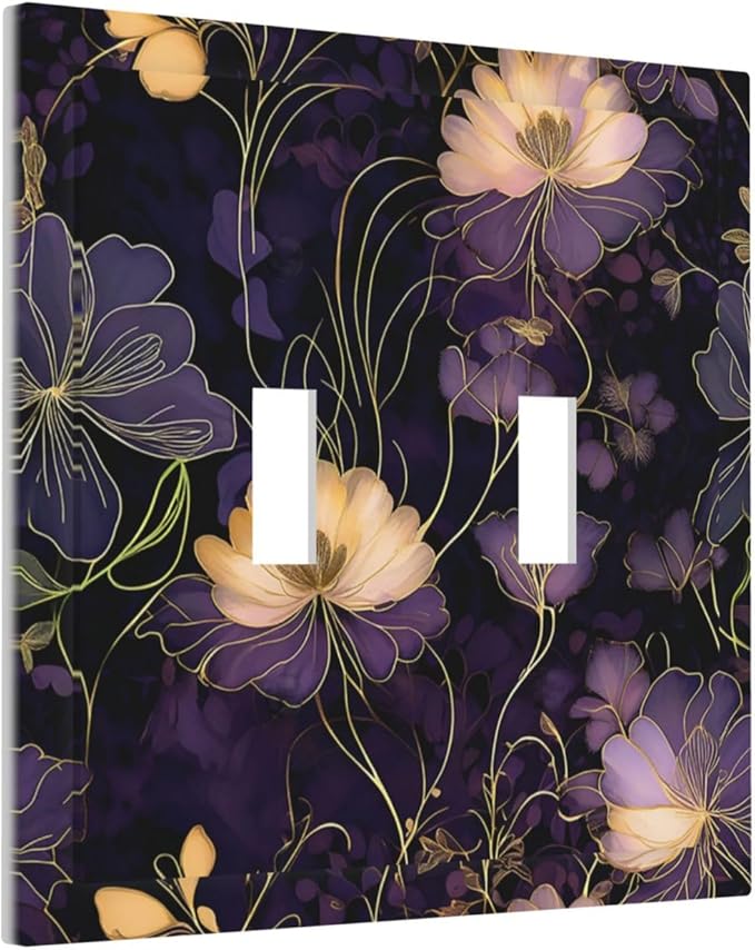 Modern Boho Vintage Gold Purple Dark Floral Modern Abstract Flowers Decorative Switch Plates 2 Gang Double Toggle Wall Plate Electrical Faceplate Outlet Light Switch Cover for Bedroom Living Room