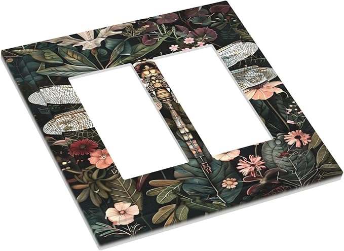 Vintage Dark Green Dragonfly Flowers Floral Botanical Decorative Outlet Covers 2 Gang Double GFCI Rocker Electrical Wall Panels Light Switch Cover Plate for Farmhouse Home Decor