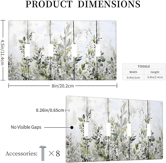 Sage Green Eucalyptus Rustic Country Botanical Leaf Flower Light Switch Covers Quad Toggle Electrical Faceplate 4 Gang Wall Plate Decorative Switch Plates Cover for Farmhouse Bedroom Decor