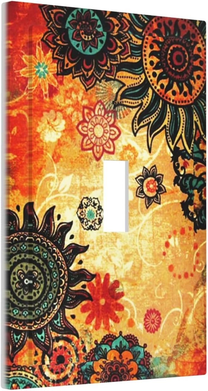 Red Orange Boho Bohemian Flower Floral Single Toggle Light Switch Plate Outlet Cover Decorative One Device Wall Plate 1-Gang Electrical Switch Faceplate