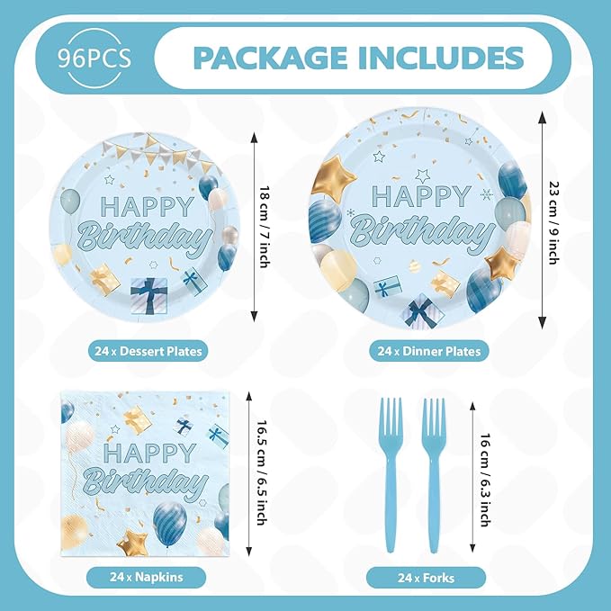 96 Pcs Light Blue Birthday Decorations Happy Birthday Plates and Napkins Disposable Tableware Set Blue Gold Decorations for Baby Boys Girls Women Men Party Supplies Serves 24