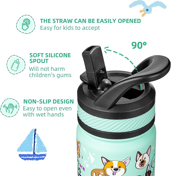 Fanhaw 18 Oz Kids Insulated Water Bottle with Straw - Stainless Steel Double Wall Vacuum Cup, Leakproof, BPA Free, Suitable for Boys and Girls(Green - Dogs)