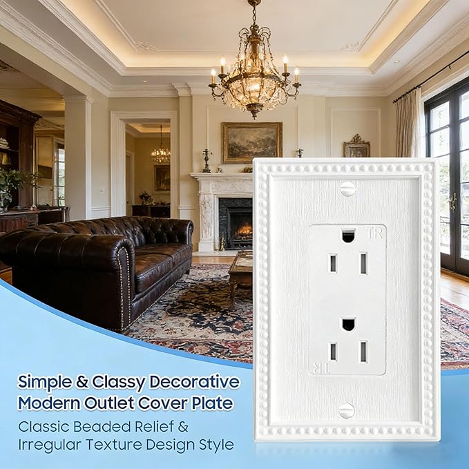 ZEFTV Mid-Size 20 Pack Decorator Wall Plates 1-Gang Switch Outlet Electrical Cover Plate Unbreakable Thermoplastic Faceplate for Light Receptacle Outlet Switch, Classic Beaded Relief Design, White