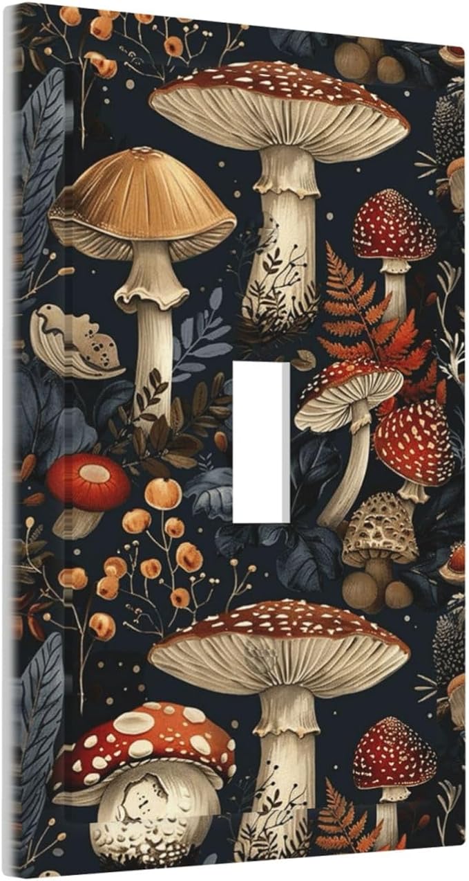 Decorative Light Switch Cover Plate Vintage Mushroom Floral 1 Gang Single Toggle Wall Plate Electrical Outlet Covers Decorate Switch Plate Cover for Bedroom Kids room Decor