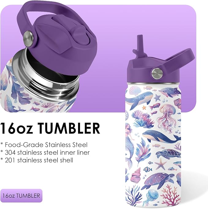 Ocean Gifts for Kids - 16 Oz Purple Water Bottle with Straw Lid, Stainless Steel Insulated Tumbler, Leak Proof, BPA-Free, for Girls & Boys, School, Beach - Marine Life Lovers Birthday Gifts (1pc)