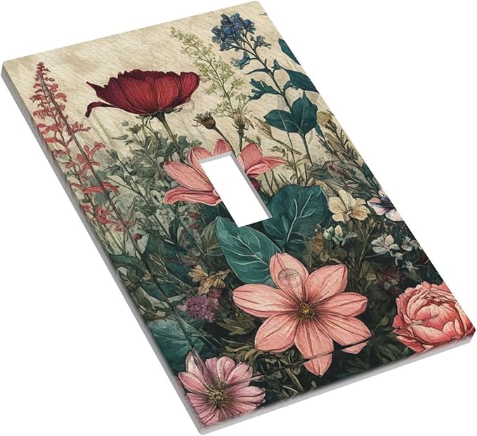 Decorative Light Switch Cover Plate Rustic Wildflower Red Floral Green Plant 1 Gang Wall Plate Oversized Single Toggle Wall Cover Plate Jumbo Electrical Switchplate Face Plate