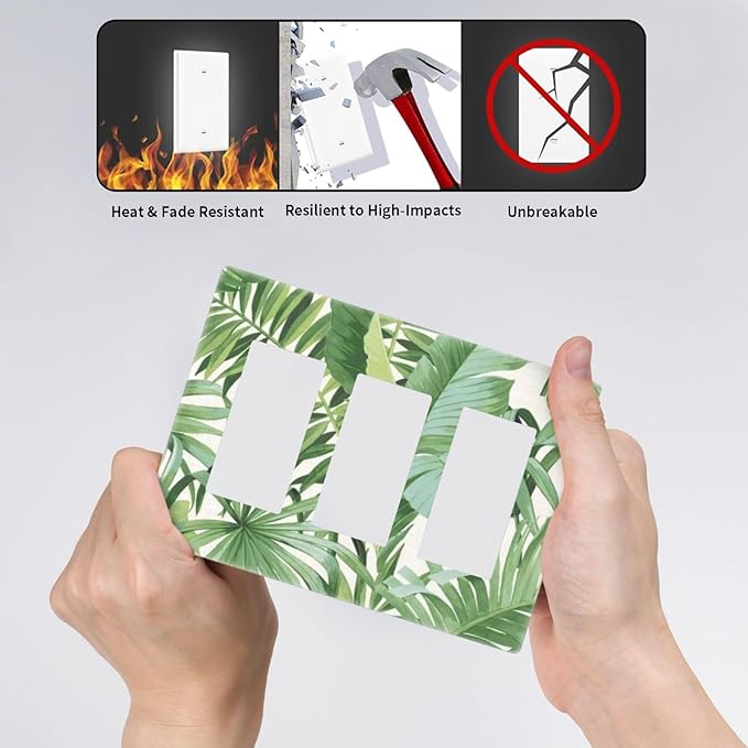 Green Monstera Leaf Tropical Palm Trees Leaf 3 Gang Screwless Triple GFCI Decorator/Rocker Light Switch Wall Plate Wild Jungle Botanical Plant Decorative Dual Device Receptacle Faceplate Outlet Cover
