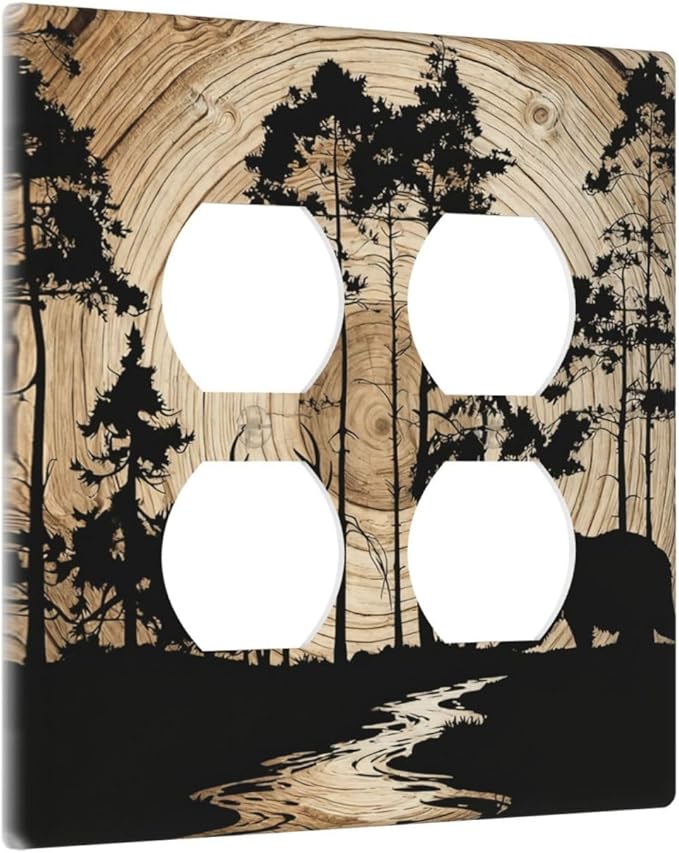 Rustic Forest Antler Black Bear Deer Silhouettes Outlet Covers 2 Gang Double Duplex Decorative Light Switch Covers Electrical Wallplates Socket Faceplate for Farmhouse Home Decor
