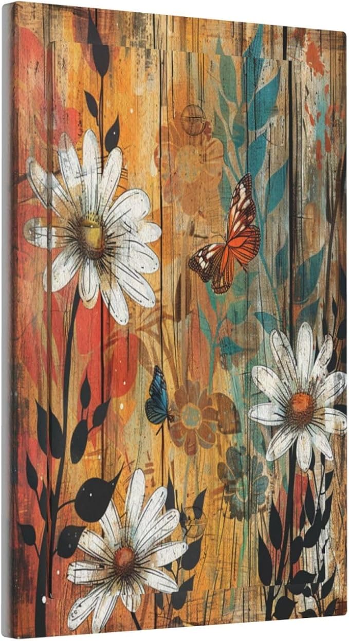 Light Switch Cover Vintage Wooden Daisies Butterflies Floral Decorative Switch Plates 1 Gang Blank No Device Outlet Covers Electrical Wall Plates for Bathroom Farmhouse Decor