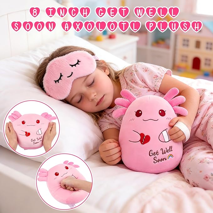 Get Well Gifts for Kids, Feel Better Gifts for Kids, Get Well Soon Basket with 8 inch Axolotl Get Well Soon Stuffed Animals, Get Well Gift Set for Girls After Surgery