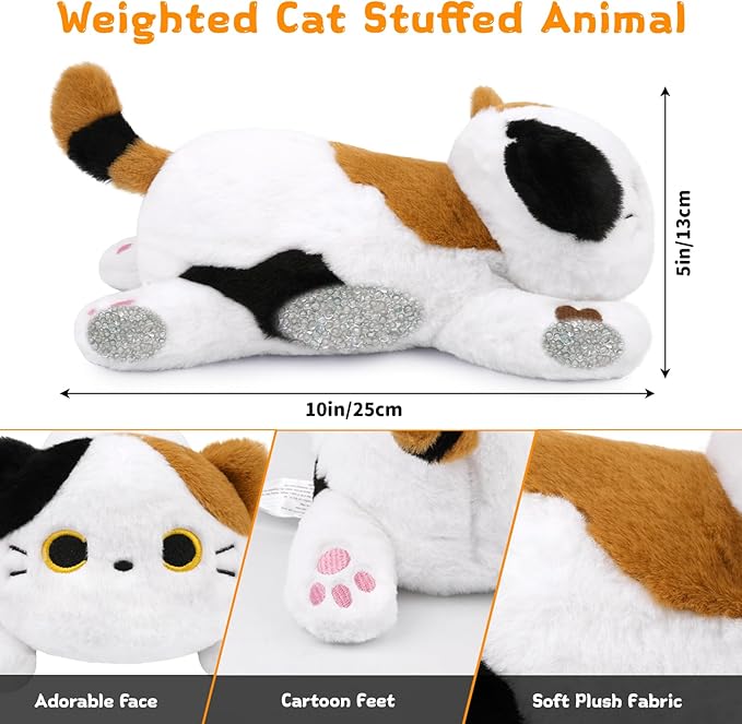 Weighted Calico Cat Plush,Realistic Weighted Cat Stuffed Animal,Sensory Comfort Huggable Small Weighted Plush Pillow for Kids Boys Girls Christmas Birthday Gifts,9.8 Inch,0.8 Lbs
