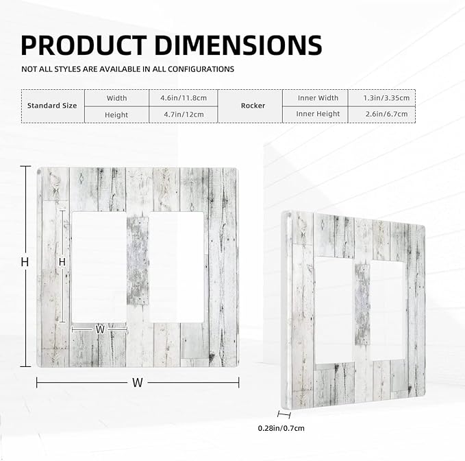 Grey White Wood 2 Gang Double Rocker/Decor Light Switch Cover Decorative Outlet Wall Plate Electrical Faceplate Home Bedroom Art Panel Decor Screwless 4.7" x 4.6