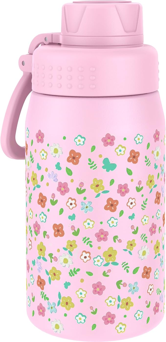 GOPPUS 15oz Kids Water Bottle with Spout Lid, Toddler Water Bottle, Stainless Steel Insulated Water Bottle, Leakproof, BPA Free, Suitable for Boys and Girls for School（Flowers）