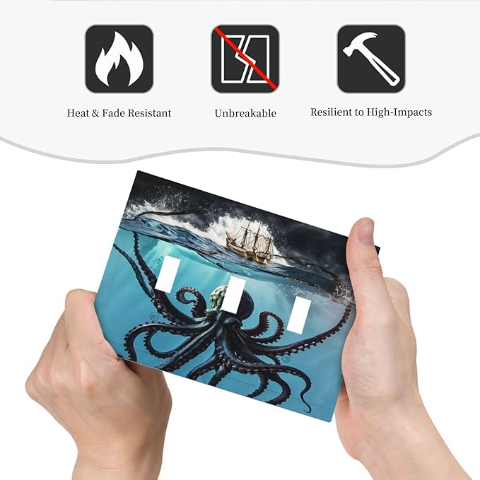 Light Switch Cover Plate Black Ocean Nautical Octopus Ship Funny Kraken 3 Gang Switch Plate Covers Triple Toggle Decorative Wall Plates Electrical Faceplate for Bathroom Home Decor