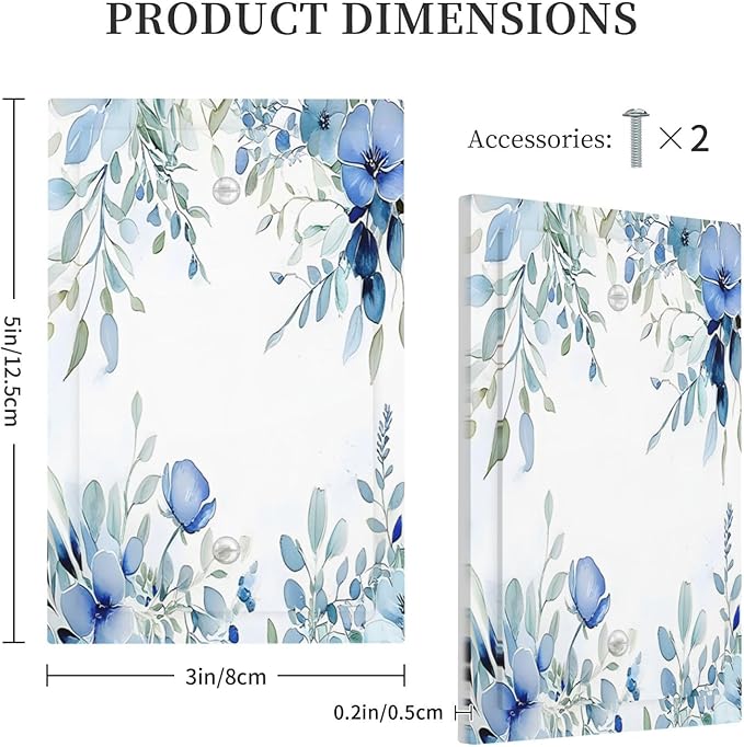 Watercolor Blue Flower Plant Floral Green Leaves Light Switch Cover Plate 1 Gang No Device Blank Electrical Wall Plates Faceplate Decorative Switch Plate for Bedroom Living Room Decor