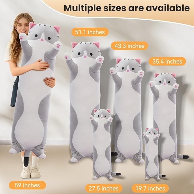 Cute Cat Plush Long Body Pillow – Soft Cartoon Stuffed Animal Doll, Kawaii Cat Plushie Cuddle Toy for Kids, Girls & Girlfriend (Gray, 35.4 Inch)