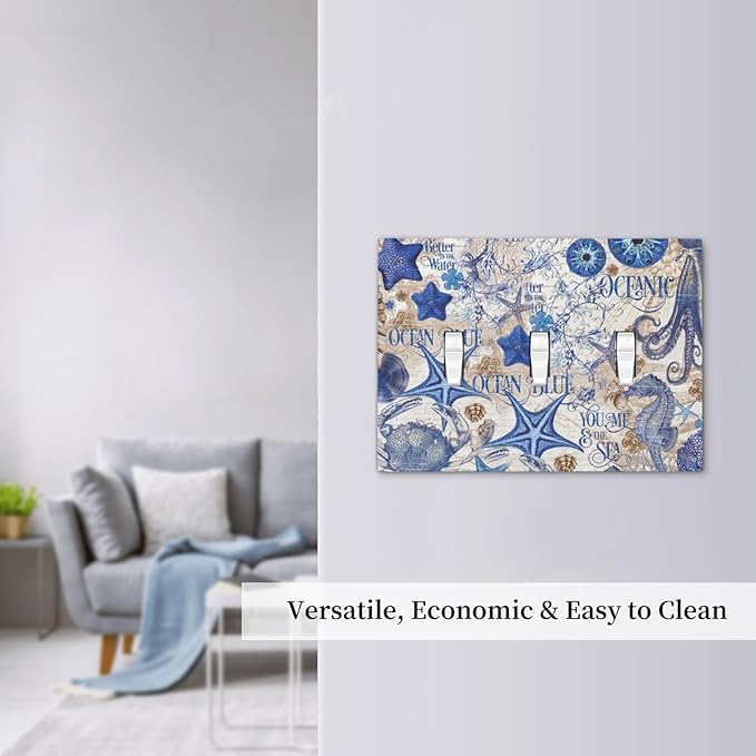 Decorative Switch Plates Vintage Sea Blue Seahorse Starfish Octopus 3 Gang Wall Plate Triple Toggle Light Switch Cover Faceplate Electrical Wall Panels For Kids Room Home Decor