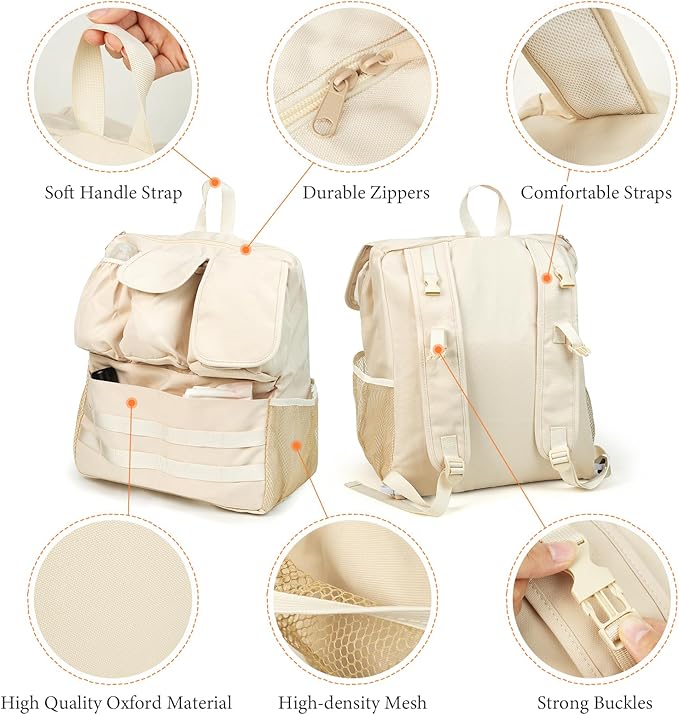2-in-1 Stroller Organizer Baby Diaper Bag Backpack,Insulated Bottle Holder,Wipes and Phone Pocket,Shoulder Strap Toddler Travel Essential Storage Universal Stroller Accessory (Beige)