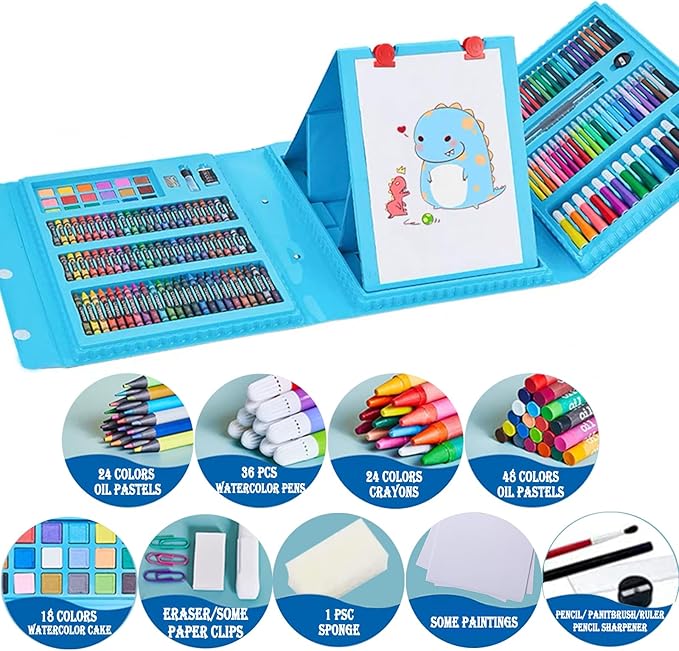 DLUCKY 208 PCS Art Supplies, Drawing Art Kit for Adults Art Set with Double Sided Trifold Easel, Oil Pastels, Crayons, Colored Pencils, Watercolor Pens Gift for Girls Boys Artist,Blue