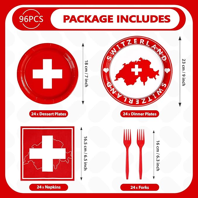 Grencian 96Pcs Switzerland Party Supplies Swiss Flag Plates and Napkins Disposable Switzerland Paper Plates Swiss National Day Decorations Tableware Kit for Travel, Cultural or Themed Events