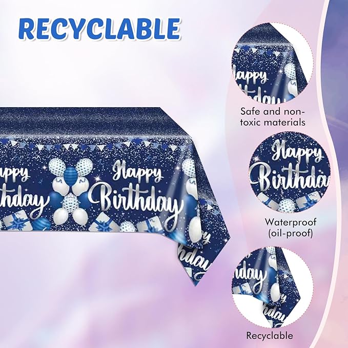 Navy Blue and Sliver Birthday Decorations Happy Birthday Party Tableware Set Happy Birthday Tablecloths and Plates Napkins Party Dinnerware for Men Women Kids Birthday Party Supplies