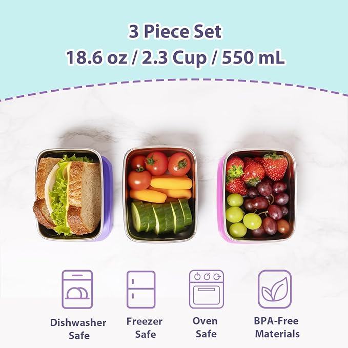 Tanjiae 3-Pack Stainless Steel Snack Containers for Kids & Toddlers - 550ml (18oz) Leakproof Reusable Food Containers with LFGB Certified Lids | Stackable Metal Lunch Box for Daycare, School, Travel