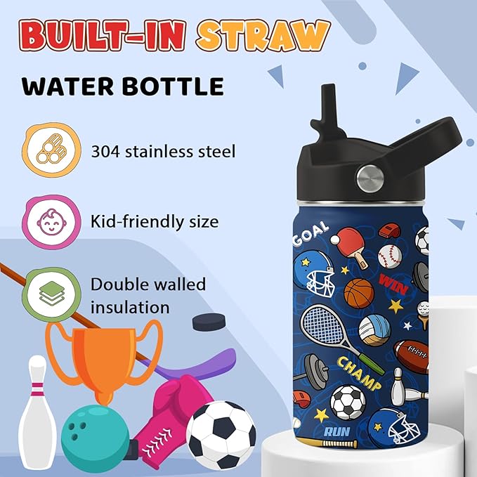 Sports Gifts for Men & Women - 12oz Water Bottle with Straw Lid, Stainless Steel Insulated Bottle, Leakproof, BPA-Free, for Her, School, Travel - Sport Lovers Birthday Gift Cup (1pc)