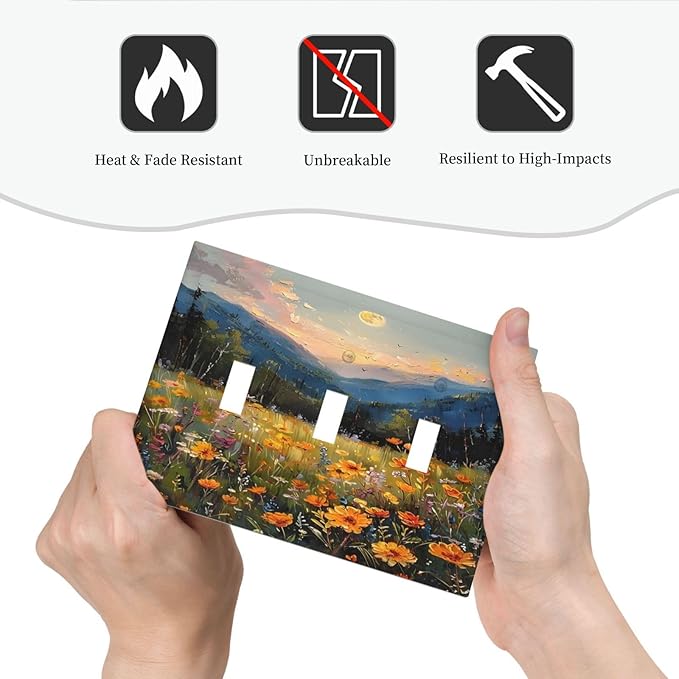 Sunset Wild Flower Field Floral Nature Landscape Decorative Switch Plates 3 Gang Wall Plate Triple Toggle Light Switch Cover Faceplate Electrical Wall Panels for Farmhouse Bedroom Decor