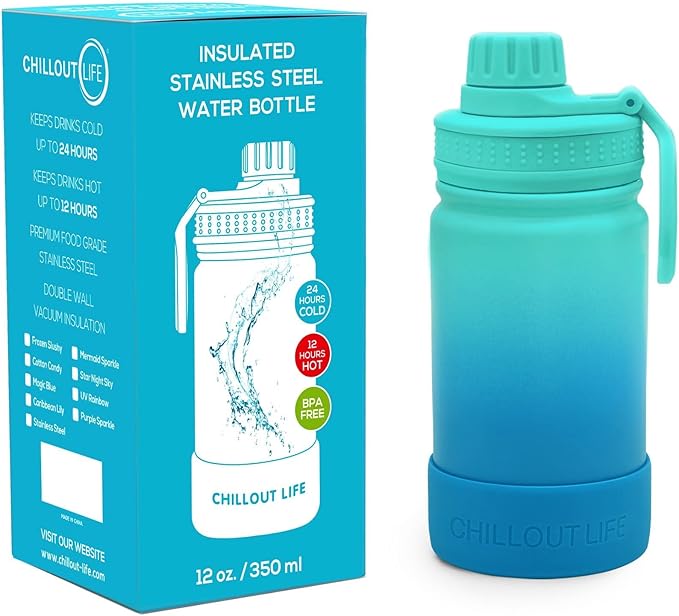 CHILLOUT LIFE 12 oz Kids Insulated Water Bottle for School with Leakproof Spout Lid and Cute Waterproof Stickers, Personalized Stainless Steel Thermos Flask Metal Water Bottle for Girls & Boys