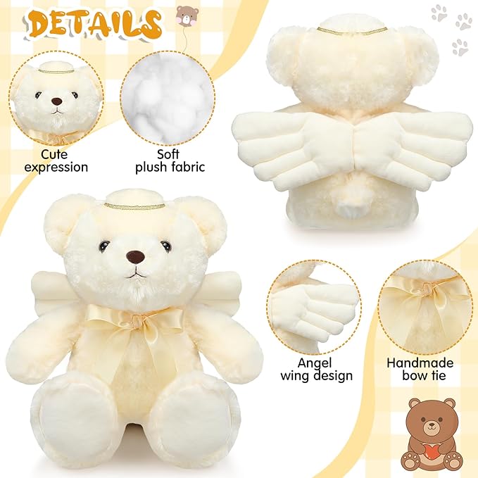 Meooeck Hydren 13.8 Inch Angel Bear Stuffed Animal - Soft Angel Plush Prayer Bear with Wings and Halo, Sympathy Gift for Kids, Boys, Girls, Ideal for Baby Shower, Baptism, Christening, Birthday