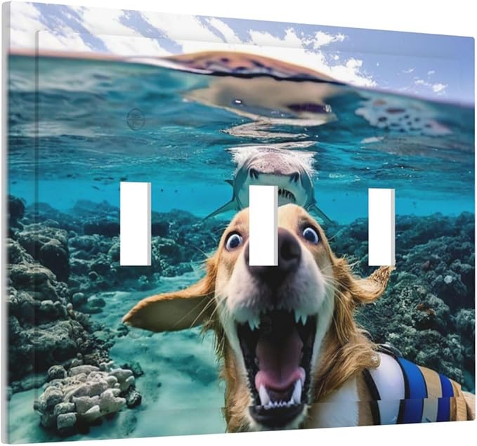 Decorative Light Switch Plate Covers Angry Shark Chased Funny Dog Underwater Sea 3 Gang Wall Plate Switch Cover Plate Triple Toggle Jumbo Electrical Faceplate for Bedroom Decor