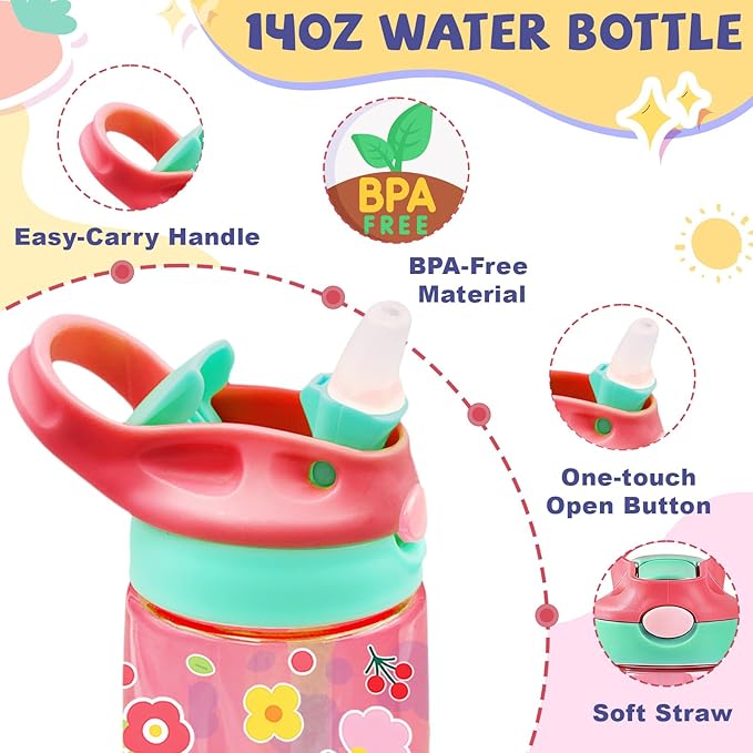 14oz Florals Kids Water Bottle with Straw Lid - Colorful Flowers Water Bottles for Kids, Leakproof, Lightweight, Durable Plastic Bottles for School, Pop-Up Straw Cover, Gift Cup for Girls(Flower)