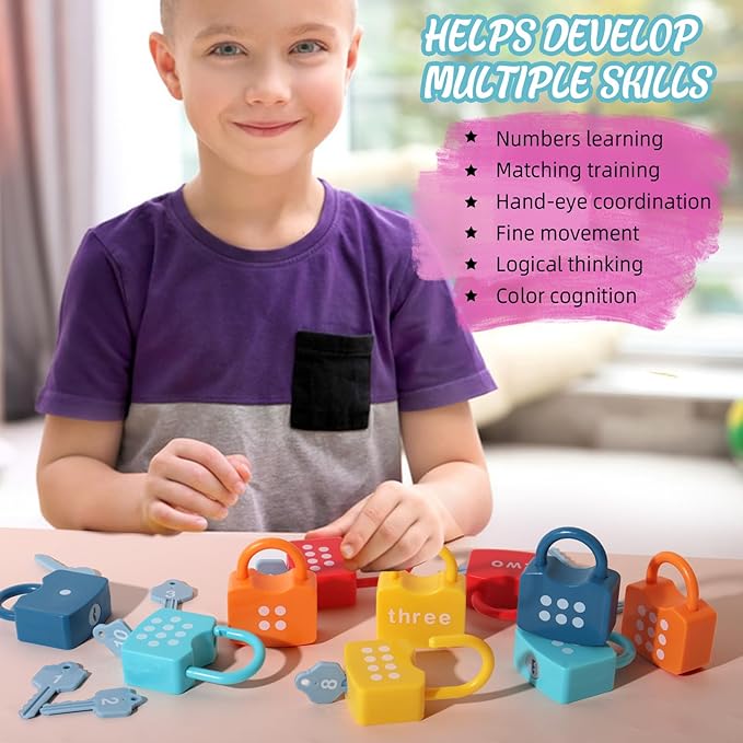 Dinhon Kids Learning Locks with Keys Numbers Matching & Counting Montessori Educational Toys for Ages 3 4 5 Boys and Girls Preschool Games Gifts