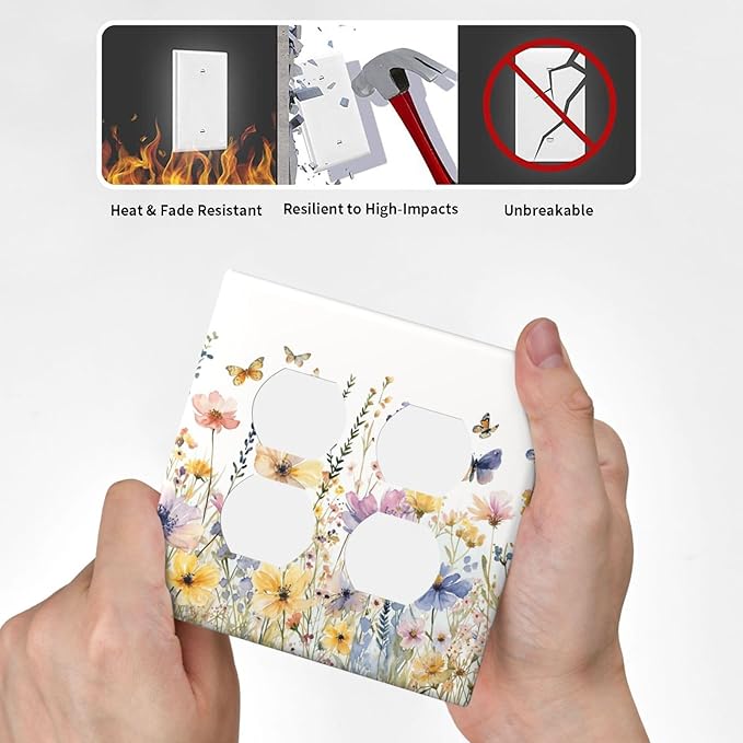 Wildflowers Colorful Flower Butterfly Floral Outlet Covers 2 Gang Double Duplex Decorative Light Switch Covers Electrical Wallplates Socket Faceplate for Farmhouse Bedroom Decor