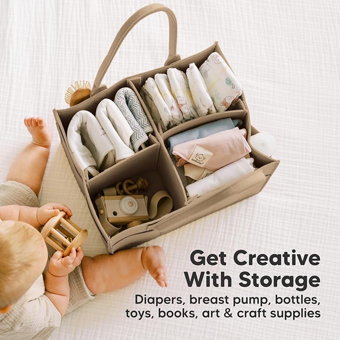 KeaBabies Baby Diaper Caddy Organizer with Handle - Portable Baby Car Organizers and Storage for Nursery, Changing Table, Large Shower Gift Basket for New Mom Gifts & Boy Girl Registry (Taupe)