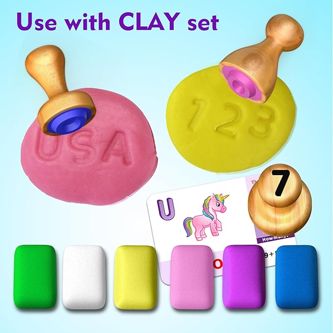 flycoost Montessori Wooden Alphabet & Number Stamp Set with Playdough, Flashcards, Toddler Learning Activities for 3-5 Year Olds, Learn ABCs, Numbers, Words, Addition - Preschool Classroom Supplies