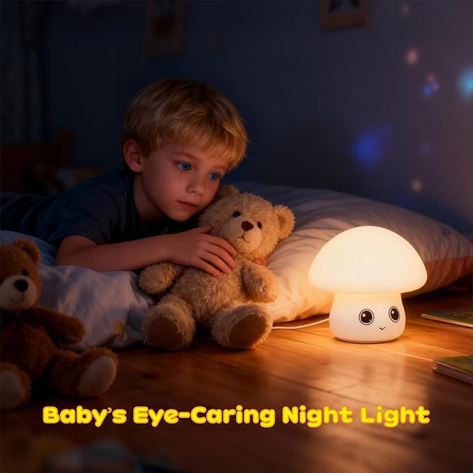Rechargeable Small Mushroom Lamp - 16 Color Dimmable LED Night Light for Nursery, Soft Silicone Baby Kids Bedroom Feeding Light, Portable Touch Control Decor