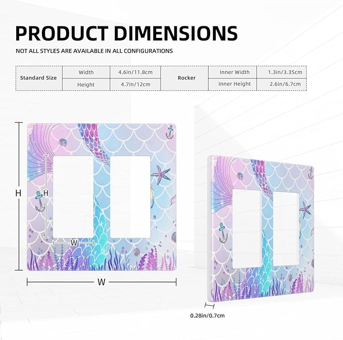 Watercolor Cute Kids Girl Purple Pink Mermaid Tail Scales Starfish 2 Gang Screwless Double Decorator/GFCI Wall Plate Rocker Outlet Light Switch Decorative Two Dual Device Receptacle Face Plate Cover