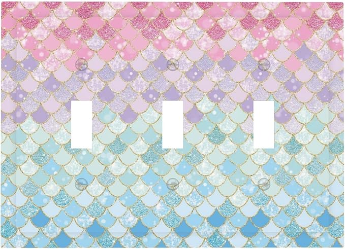 Colorful Mermaid Scales 3 Gang Light Switch Plate Decorative Triple Toggle Wall Plate Cover Electrical Faceplate Swichcovers for Girls Bedroom Kids Baby Nursery Living Room Bathroom Art Panel Decor