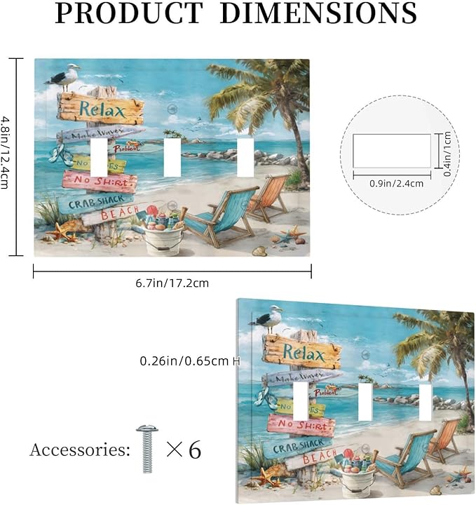 Ocean Beach Tropical Palm Tree Coastal Seaside Decorative Switch Plates 3 Gang Wall Plate Triple Toggle Light Switch Cover Faceplate Electrical Wall Panels for Kids Room Living Room Decor