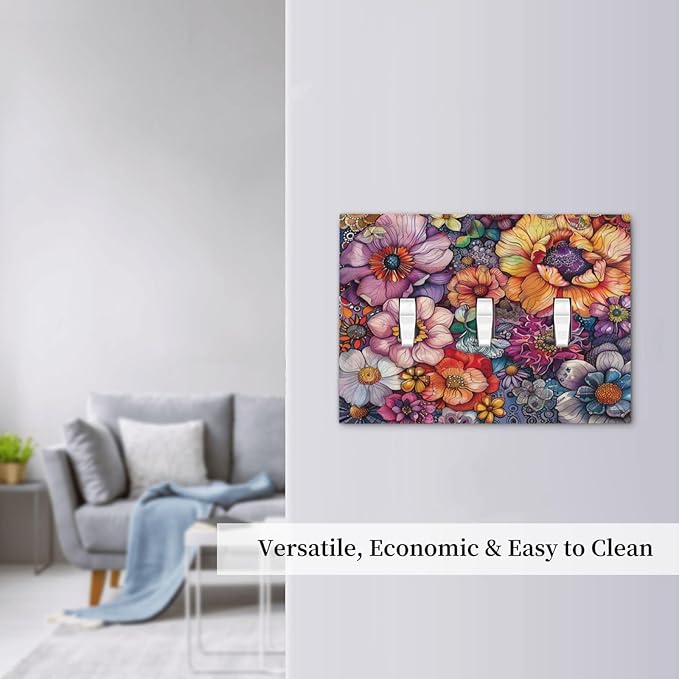 Decorative Switch Plates Colorful Bohemian Flowers Vintage Boho Floral 3 Gang Wall Plate Triple Toggle Light Switch Cover Faceplate Electrical Wall Panels for Bed Room living Room Decor