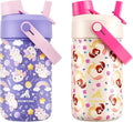 POWCAN 2 Pack 12 oz Kids Insulated Water Bottle for School: Leakproof, 2-in-1 Straw Spout Lid, BPA-Free, Keep Cold 24 Hrs, Stainless Steel Cup for Sports, Travel, Gift for Girls Boys Daughters Sons