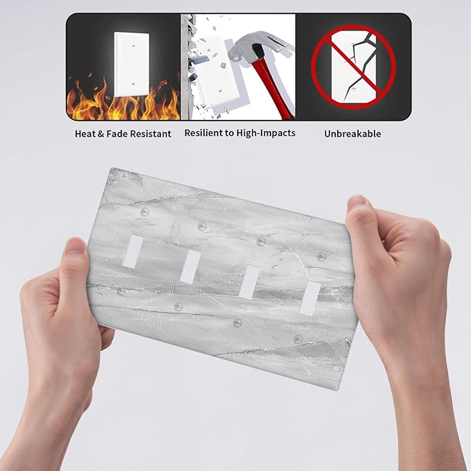 Light Switch Cover Plate Gray Marble Pattern 4 Gang Quad Toggle Wall Plate Electrical Outlet Cover Decorative Switch Plate Covers for Home Farmhouse Decor