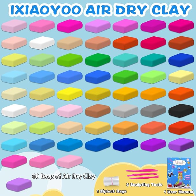 Ixiaoyoo Air Dry Clay for Kids, 60 Colors Modeling Magic Clay, Safe & Non-Toxic, DIY Model Arts & Crafts Kit with Sculpting Tools, Birthday&Christmas Toy Gift for 3-12 Years Old Boys Girls Kids