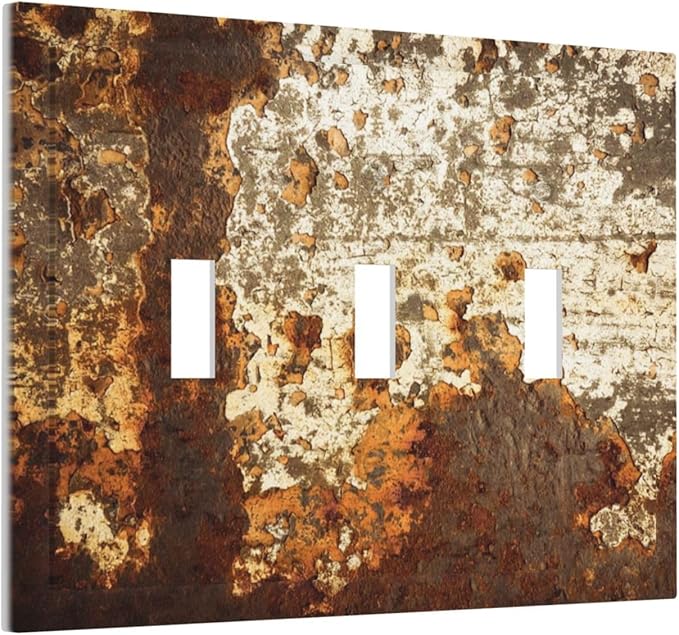 Decorative Switch Plates Vintage Metal Rust Texture Peeling Paint 3 Gang Wall Plate Triple Toggle Light Switch Cover Faceplate Electrical Wall Panels For Farmhouse Cabin Decor